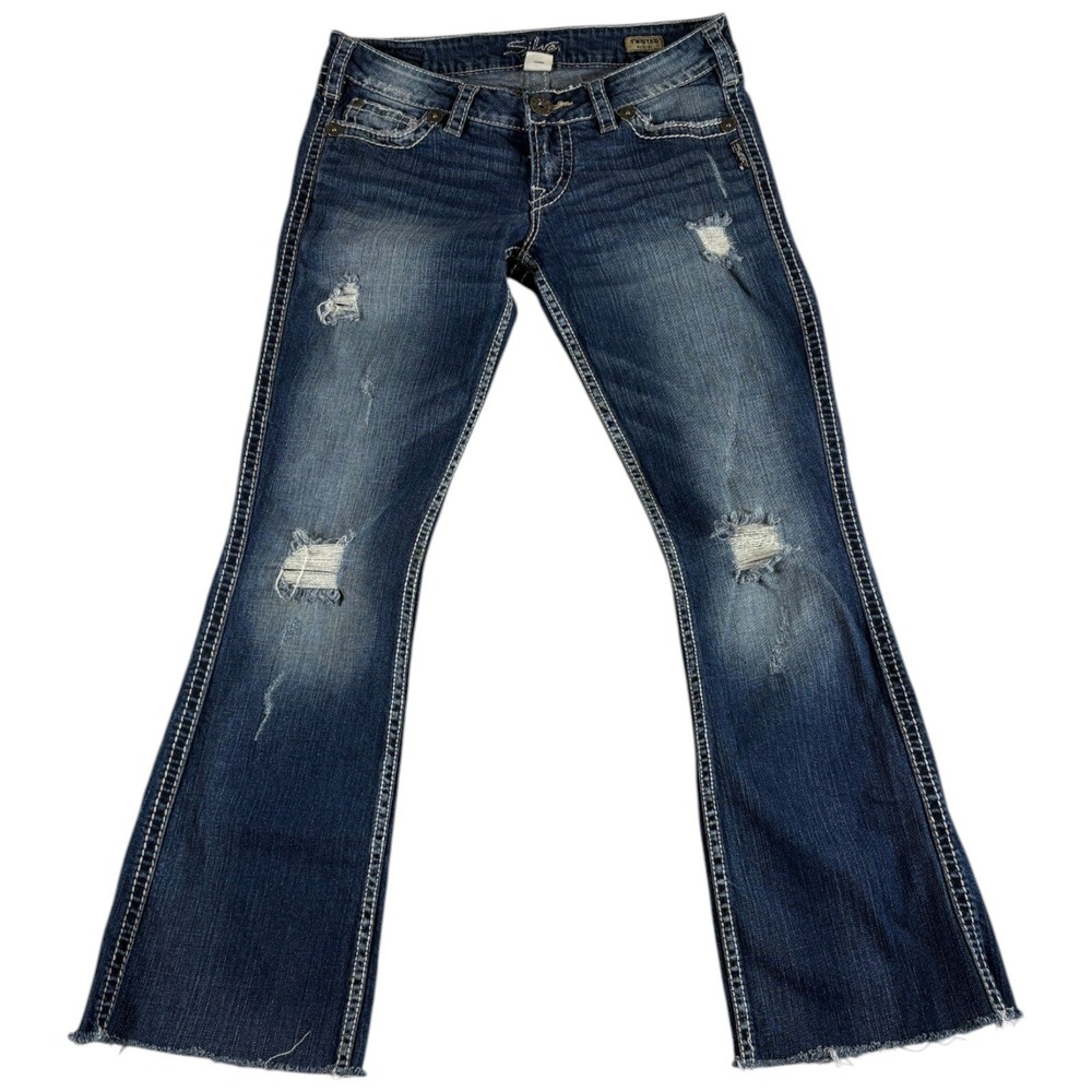 Silver Jeans Twisted Bootcut Jeans Womens 27x33 Blue Denim Distressed Raw Hem